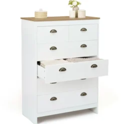 Commode style campagne chic 6 tiroirs blanche et bois
