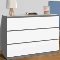 Commode 6 tiroirs blanche effet béton