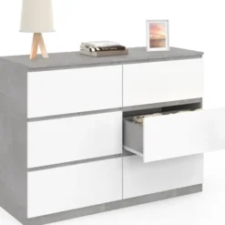 Commode 6 tiroirs blanche effet béton