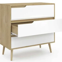 Commode 3 tiroirs blanche et bois style scandinave