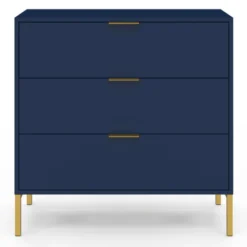 Commode 3 tiroirs 80 cm bleu nuit et finitions dorées