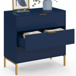 Commode 3 tiroirs 80 cm bleu nuit et finitions dorées