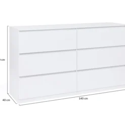 Commode 6 tiroirs 140 cm bois blanc