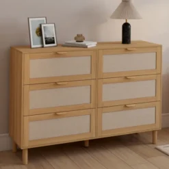 Commode 6 tiroirs 115 cm bois et effet lin
