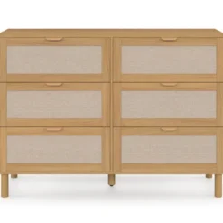 Commode 6 tiroirs 115 cm bois et effet lin