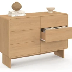 Commode 6 tiroirs 115 cm façon hêtre design arrondi
