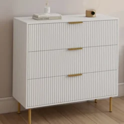 Commode 3 tiroirs 80 cm lattes blanc et doré
