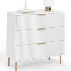 Commode 3 tiroirs 80 cm lattes blanc et doré