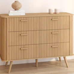 Commode 6 tiroirs 110 cm lattes tasseau bois coloris chêne