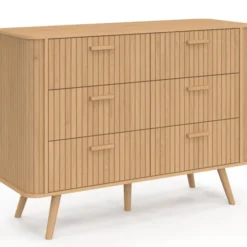 Commode 6 tiroirs 110 cm lattes tasseau bois coloris chêne