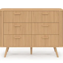 Commode 6 tiroirs 110 cm lattes tasseau bois coloris chêne