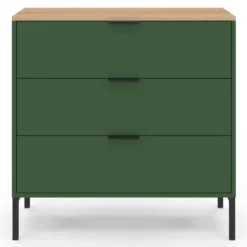 Commode 3 tiroirs 80 cm vert kaki et plateau bois