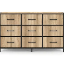 Commode 9 tiroirs en tissu 115 CM effet lattes, design industriel