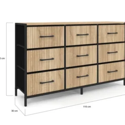 Commode 9 tiroirs en tissu 115 CM effet lattes, design industriel