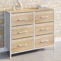 Commode 6 tiroirs en tissu 80 cm meuble de rangement design industriel bois et blanc