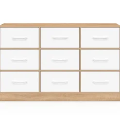 Commode 9 tiroirs en tissu 113 cm meuble de rangement bois façon hêtre et blanc