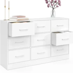 Commode 9 tiroirs en tissu 113 cm meuble de rangement bois blanc