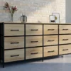 Commode 12 tiroirs en tissu de 140 cm design industriel bois et noir