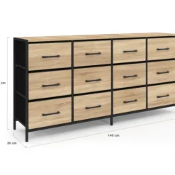 Commode 12 tiroirs en tissu de 140 cm design industriel bois et noir