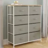 Commode 8 tiroirs en tissu gris clair et plateau effet bois
