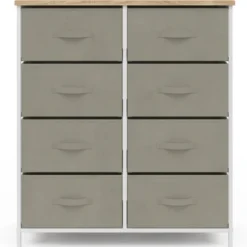 Commode 8 tiroirs en tissu gris clair et plateau effet bois