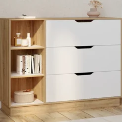 Commode 3 tiroirs 3 niches hêtre blanc
