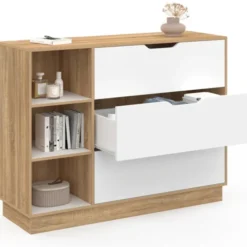 Commode 3 tiroirs 3 niches hêtre blanc