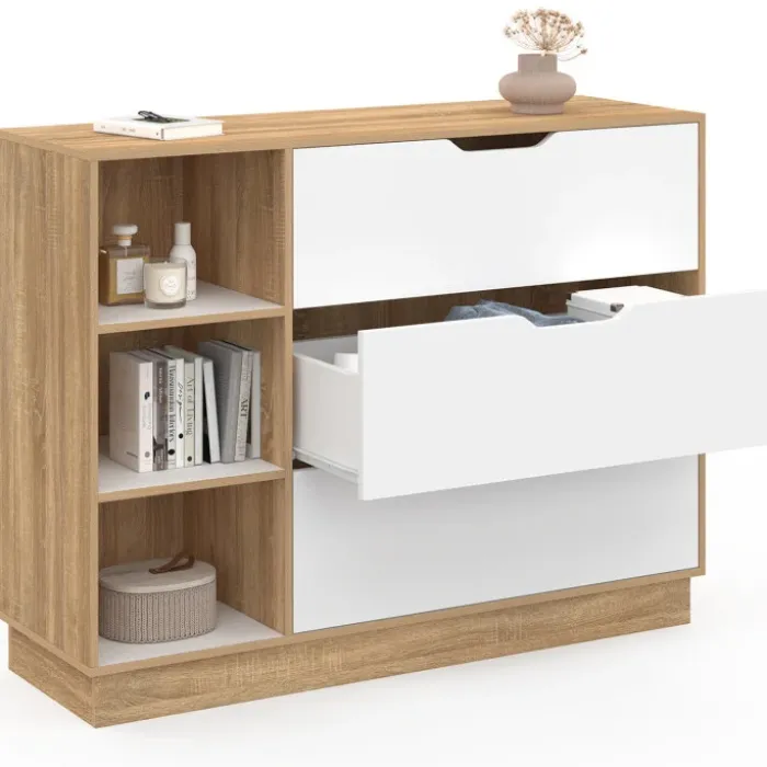Commode 3 tiroirs 3 niches hêtre blanc