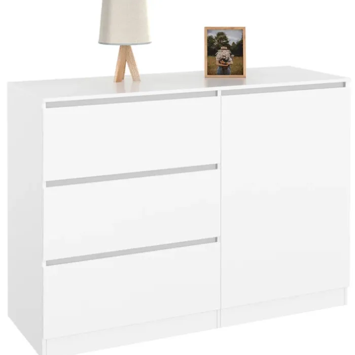 Commode 3 tiroirs + 1 porte 110 cm bois blanc