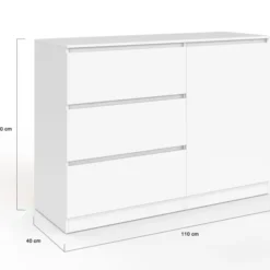 Commode 3 tiroirs + 1 porte 110 cm bois blanc