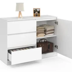 Commode 3 tiroirs + 1 porte 110 cm bois blanc