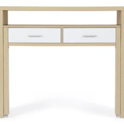 Console bureau extensible blanc et imitation hêtre