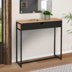 Console style industriel bois et métal 90 cm avec tiroir