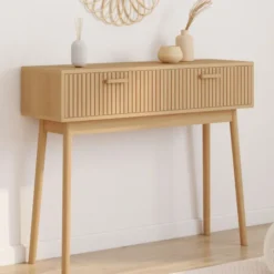 Console 2 tiroirs JULIETTE lattes tasseau bois coloris chêne