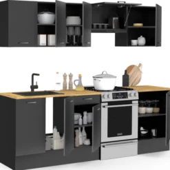 Cuisine complète 240 cm avec plan de travail bois et noir