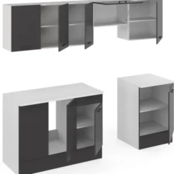 Cuisine complète 240 cm avec plan de travail blanc et gris