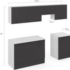 Cuisine complète 240 cm avec plan de travail blanc et gris