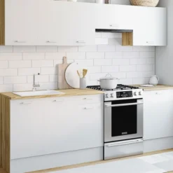 Cuisine complète 240 cm avec plan de travail bois et blanc