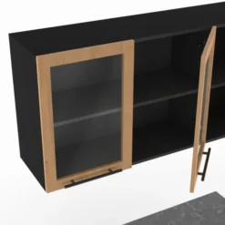 Cuisine complète 240 cm 7 éléments bois avec vitrine et plan de travail noir