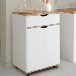 Desserte de cuisine bois blanc avec 1 grand placard + 1 tiroir