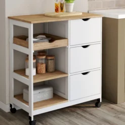 Desserte de cuisine 3 paniers + 1 plateau amovibe blanc et effet hêtre L 76 cm
