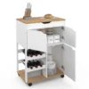 Desserte de cuisine à roulettes avec rangements et range-bouteilles bois blanc