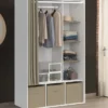 Dressing blanc avec penderie, rideau taupe, 4 étagères et 3 bacs de rangement