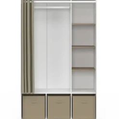 Dressing blanc avec penderie, rideau taupe, 4 étagères et 3 bacs de rangement