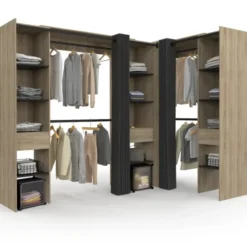 Dressing d'angle extensible bois effet hêtre avec 4 penderies + 12 étagères + 3 tiroirs et rideaux noirs