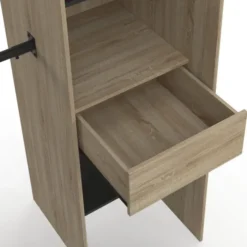 Dressing d'angle extensible bois effet hêtre avec 4 penderies + 12 étagères + 3 tiroirs et rideaux noirs