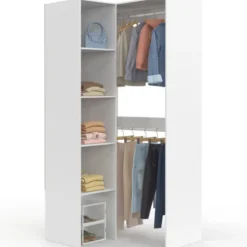 Dressing d'angle modulable L. 90 / 127 cm double penderie + étagères blanc