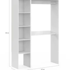 Dressing d'angle modulable L. 90 / 127 cm double penderie + étagères blanc