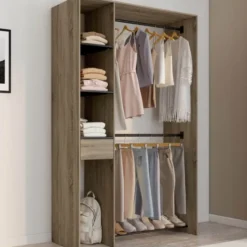 Dressing double penderie L. 110 cm avec étagères + tiroir + rangements à chaussures hêtre et noir
