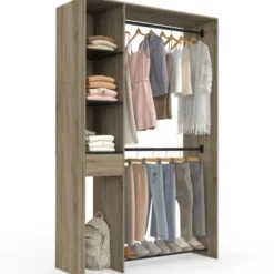 Dressing double penderie L. 110 cm avec étagères + tiroir + rangements à chaussures hêtre et noir